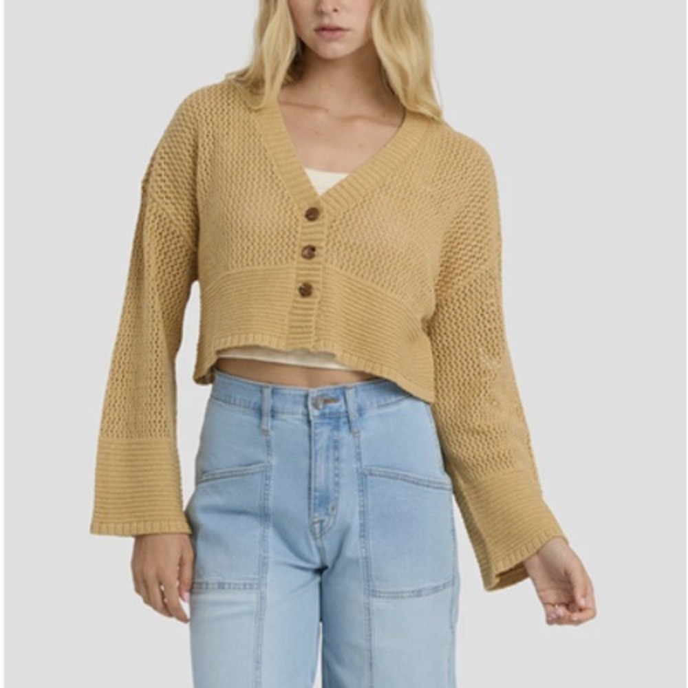 Billabong Cardigan Sweater Womens Small Open Knit Crop Boxy Camel Beachy